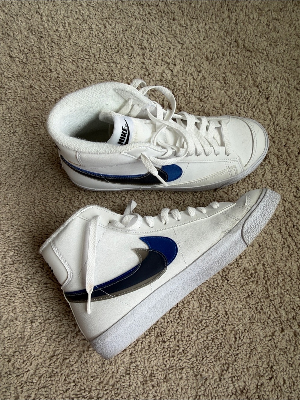 Nike Kids White High-Top Sneakers with Blue & Black Swoosh